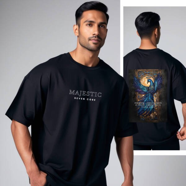 Seven Core Oversized Unisex T-Shirt – "Regal Peacock Sapphire" Adorn yourself in myth — where royalty takes flight. - Image 8
