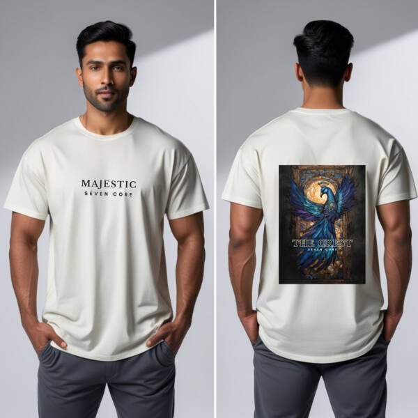 Seven Core Oversized Unisex T-Shirt – "Regal Peacock Sapphire" Adorn yourself in myth — where royalty takes flight. - Image 7