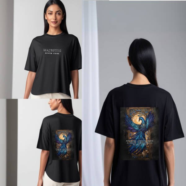 Seven Core Oversized Unisex T-Shirt – "Regal Peacock Sapphire" Adorn yourself in myth — where royalty takes flight. - Image 5
