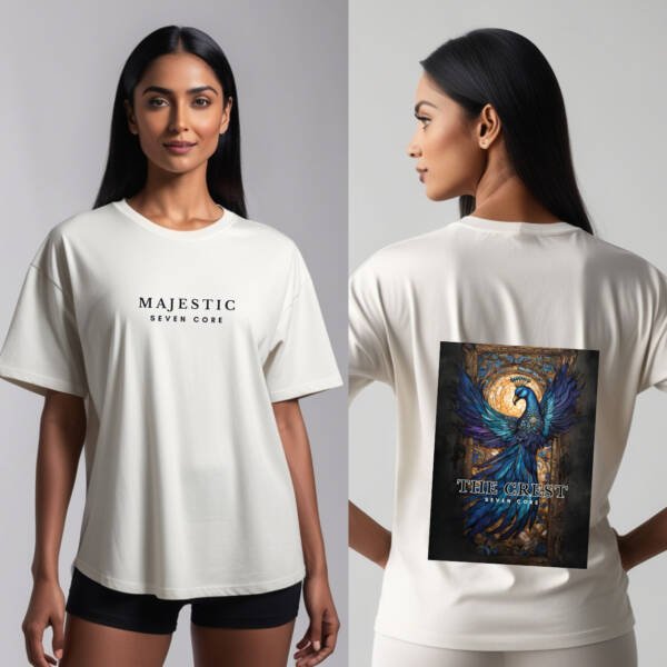 Seven Core Oversized Unisex T-Shirt – "Regal Peacock Sapphire" Adorn yourself in myth — where royalty takes flight. - Image 3