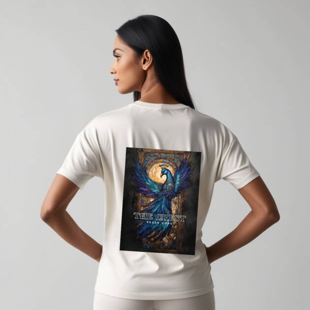 Seven Core Oversized Unisex T-Shirt – "Regal Peacock Sapphire" Adorn yourself in myth — where royalty takes flight.